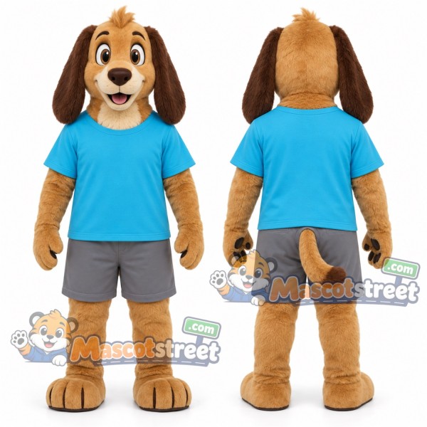 Brown Dog Mascot Costume with Blue Shirt and Gray Shorts