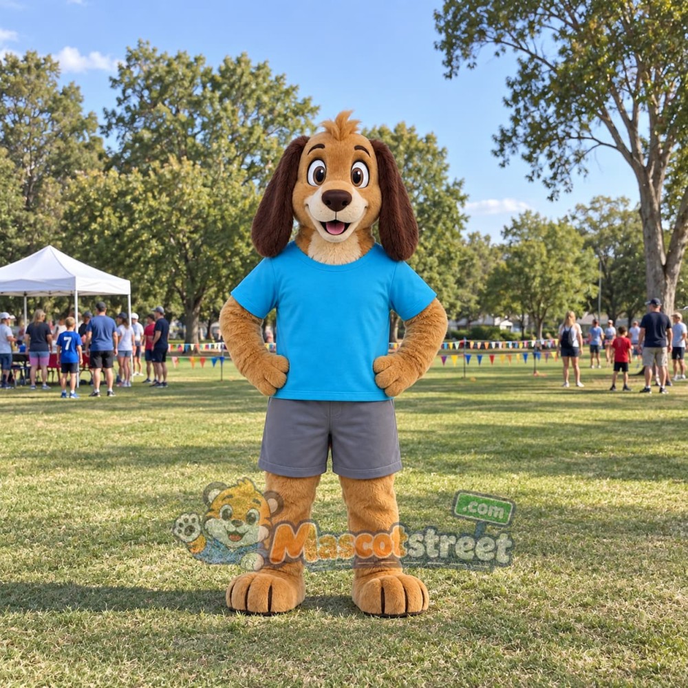 Brown Dog Mascot Costume with Blue Shirt and Gray Shorts Brown Dog Mascot Costume with Blue Shirt and Gray Shorts
