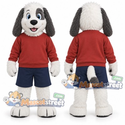 Gray and White Dog Mascot Costume with Red Sweater and Navy Shorts Gray and White Dog Mascot Costume with Red Sweater and Navy Shorts