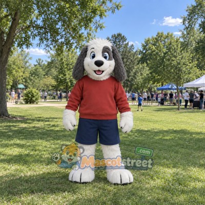 Gray and White Dog Mascot Costume with Red Sweater and Navy Shorts Gray and White Dog Mascot Costume with Red Sweater and Navy Shorts