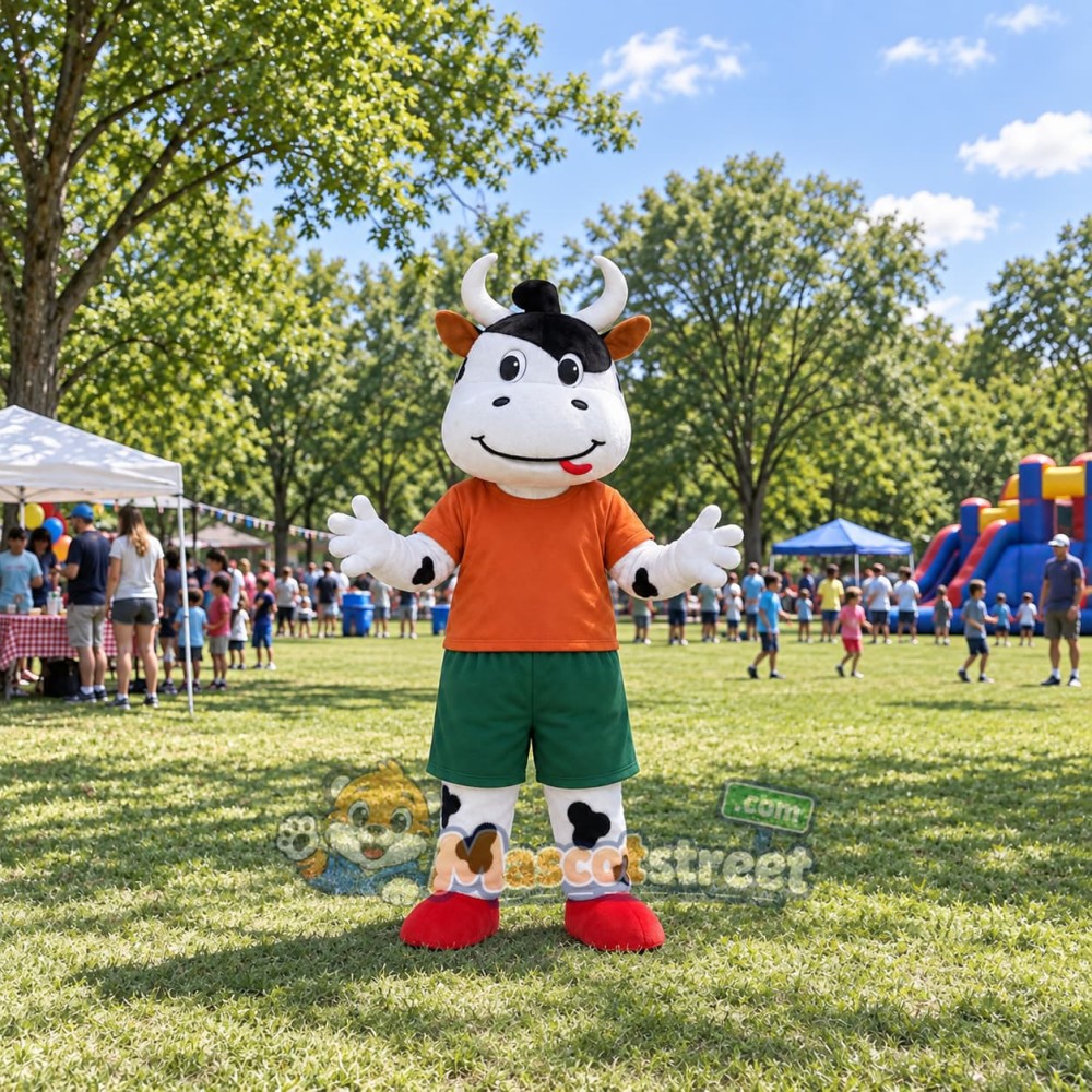 Black and White Cow Mascot Costume with Orange Shirt and Green Shorts