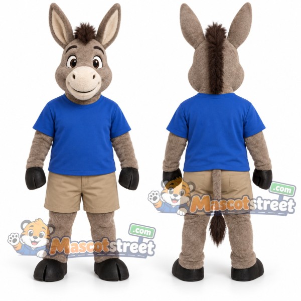 Gray Donkey Mascot Costume with Blue Shirt and Khaki Shorts
