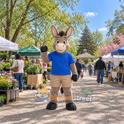 Gray Donkey Mascot Costume with Blue Shirt and Khaki Shorts Gray Donkey Mascot Costume with Blue Shirt and Khaki Shorts