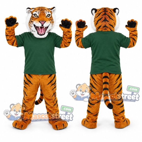 Orange Tiger Mascot Costume with Green Shirt