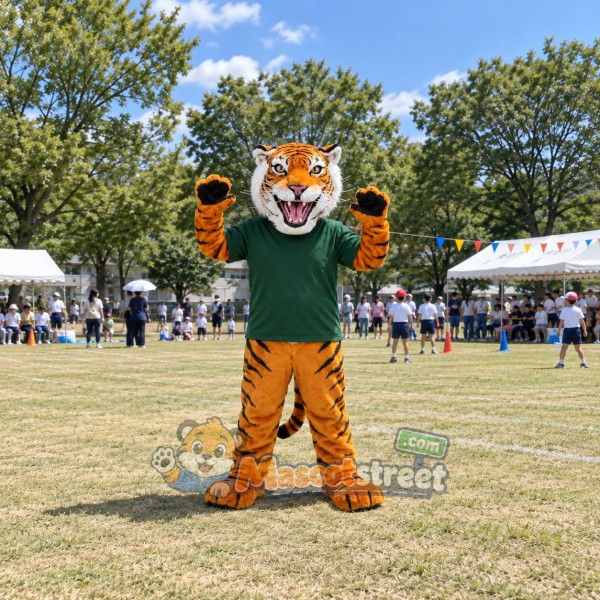 Orange Tiger Mascot Costume with Green Shirt