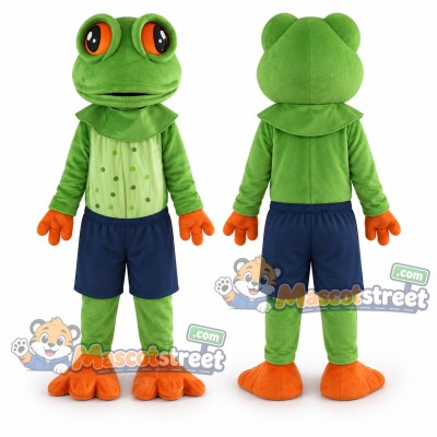 Green Frog Mascot Costume with Green Shirt and Navy Shorts Green Frog Mascot Costume with Green Shirt and Navy Shorts