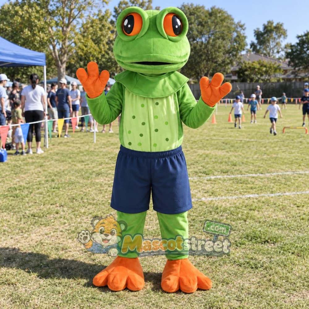 Green Frog Mascot Costume with Green Shirt and Navy Shorts Green Frog Mascot Costume with Green Shirt and Navy Shorts