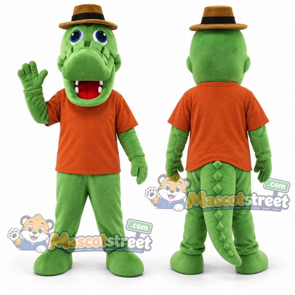 Green Crocodile Mascot Costume with Orange Shirt and Brown Hat