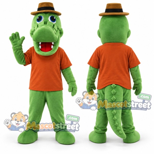 Green Crocodile Mascot Costume with Orange Shirt and Brown Hat
