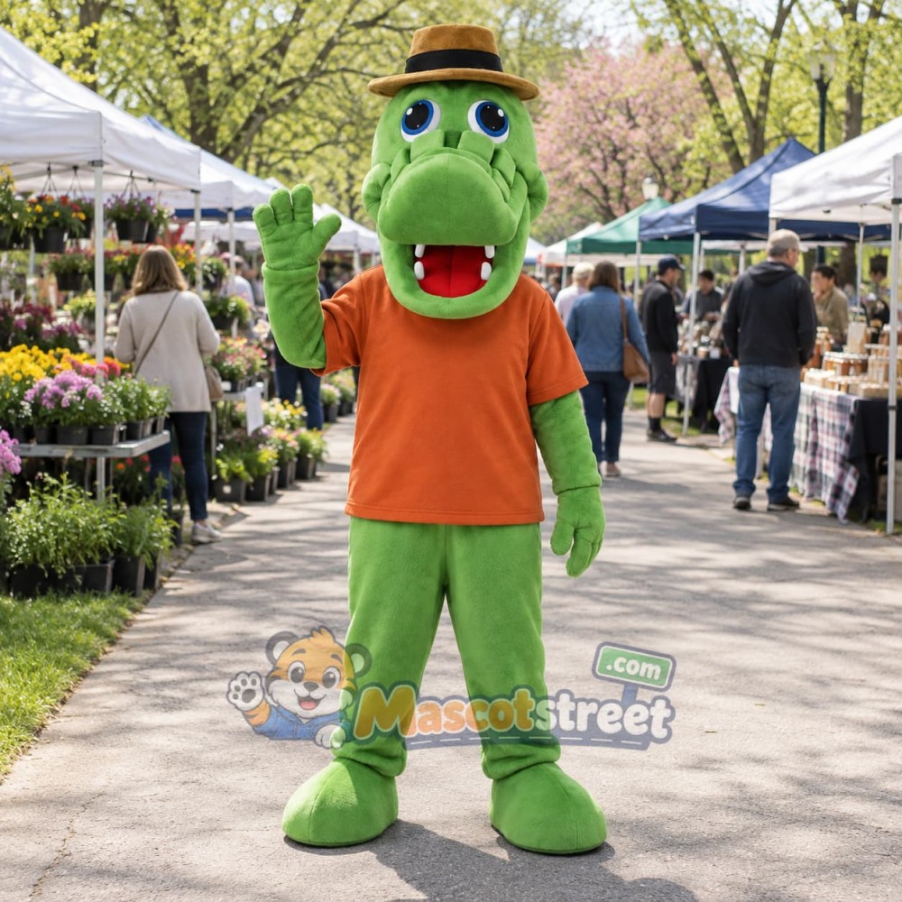 Green Crocodile Mascot Costume with Orange Shirt and Brown Hat