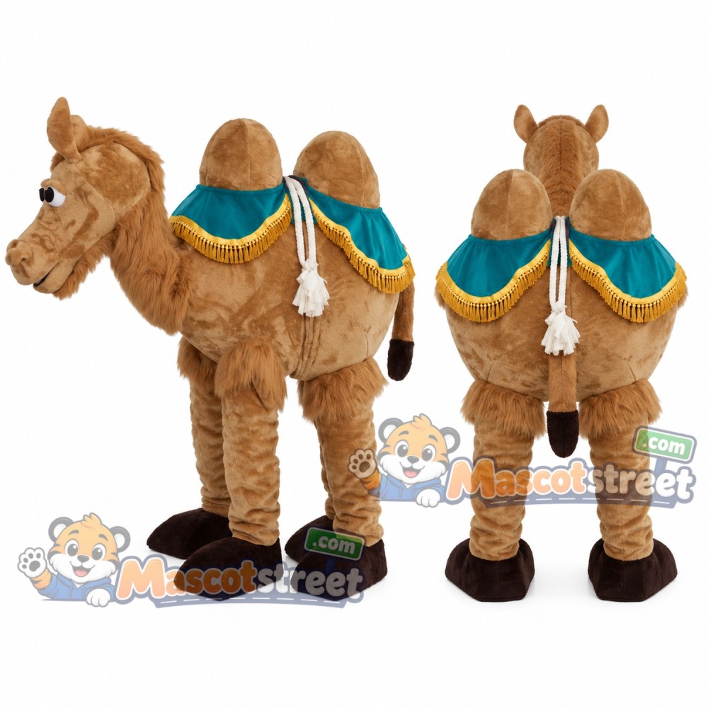 Two-Person Camel Mascot Costume with Teal Saddle Two-Person Camel Mascot Costume with Teal Saddle