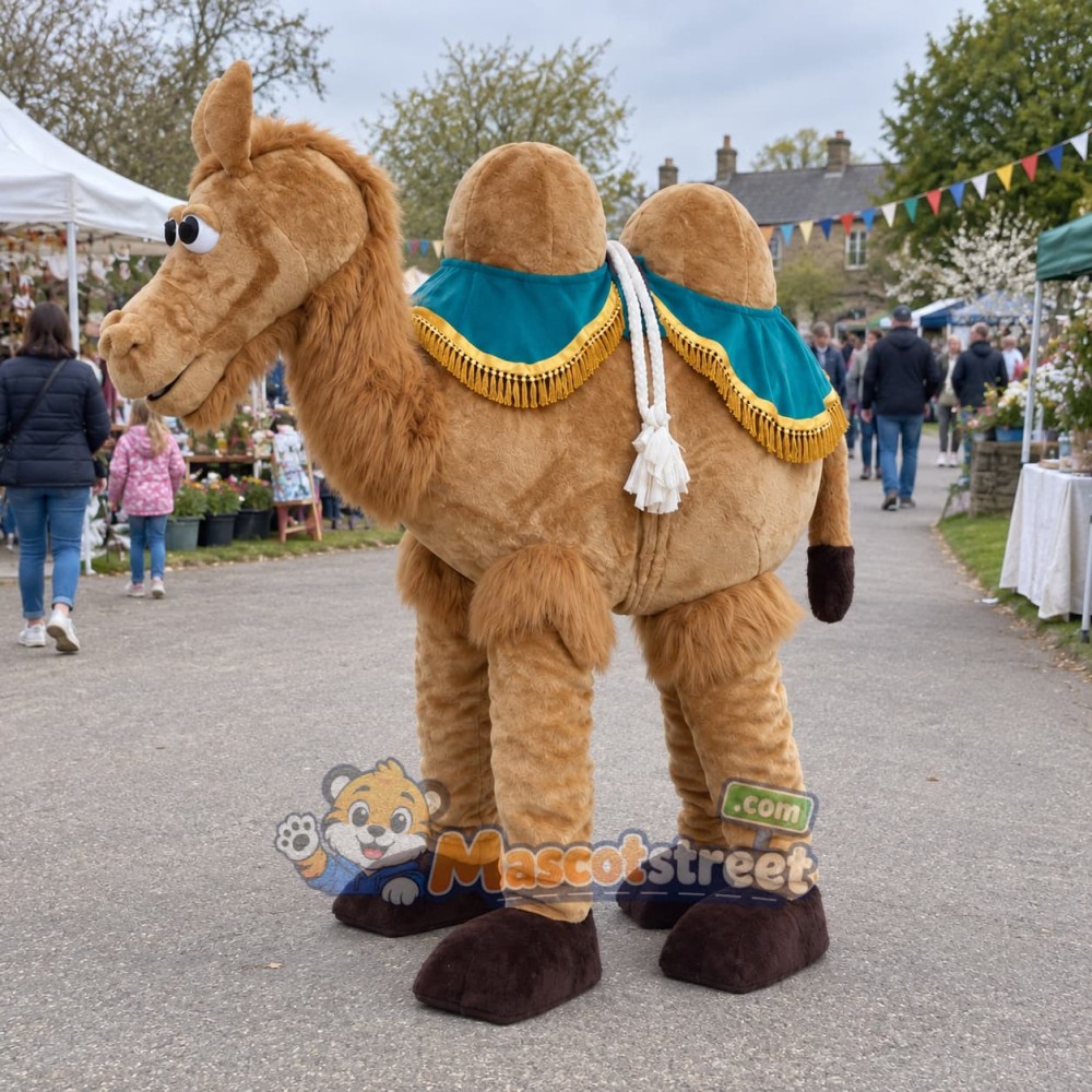 Two-Person Camel Mascot Costume with Teal Saddle Two-Person Camel Mascot Costume with Teal Saddle