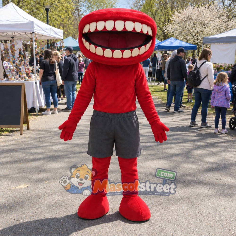 Red Big-Mouth Monster Mascot Costume with Gray Shorts