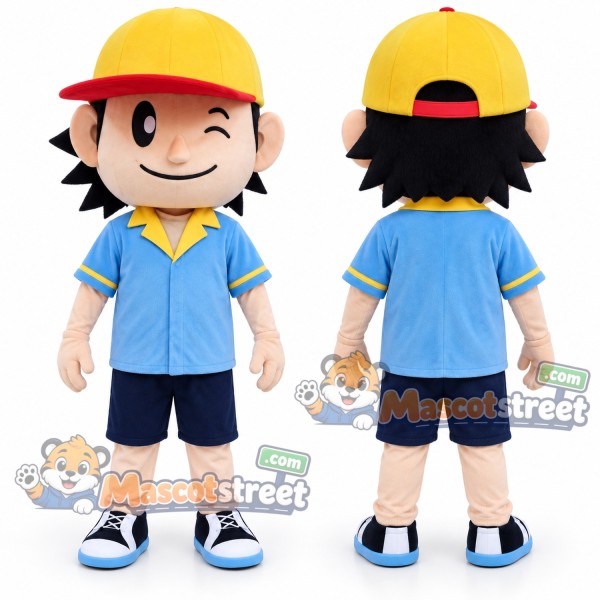 Baseball Boy Mascot Costume with Blue Shirt and Yellow Cap