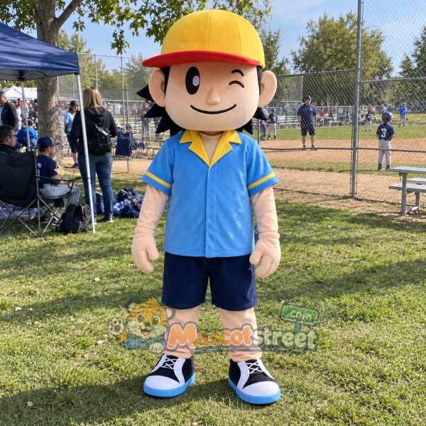 Baseball Boy Mascot Costume with Blue Shirt and Yellow Cap