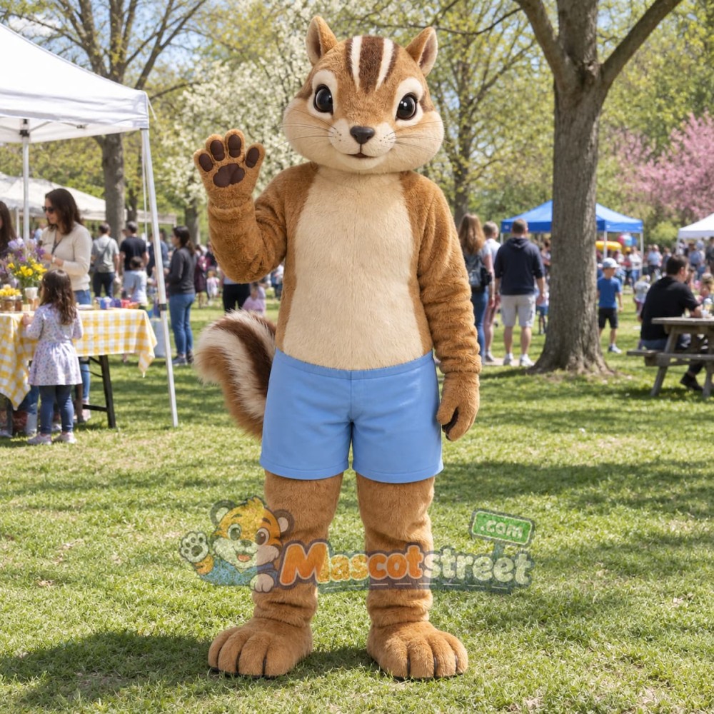 Brown Chipmunk Mascot Costume with Blue Shorts Brown Chipmunk Mascot Costume with Blue Shorts