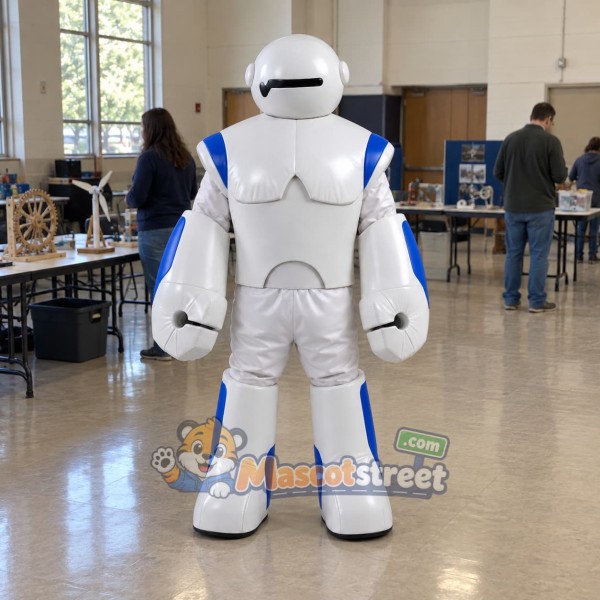 White Robot Mascot Costume with Blue Armor Details