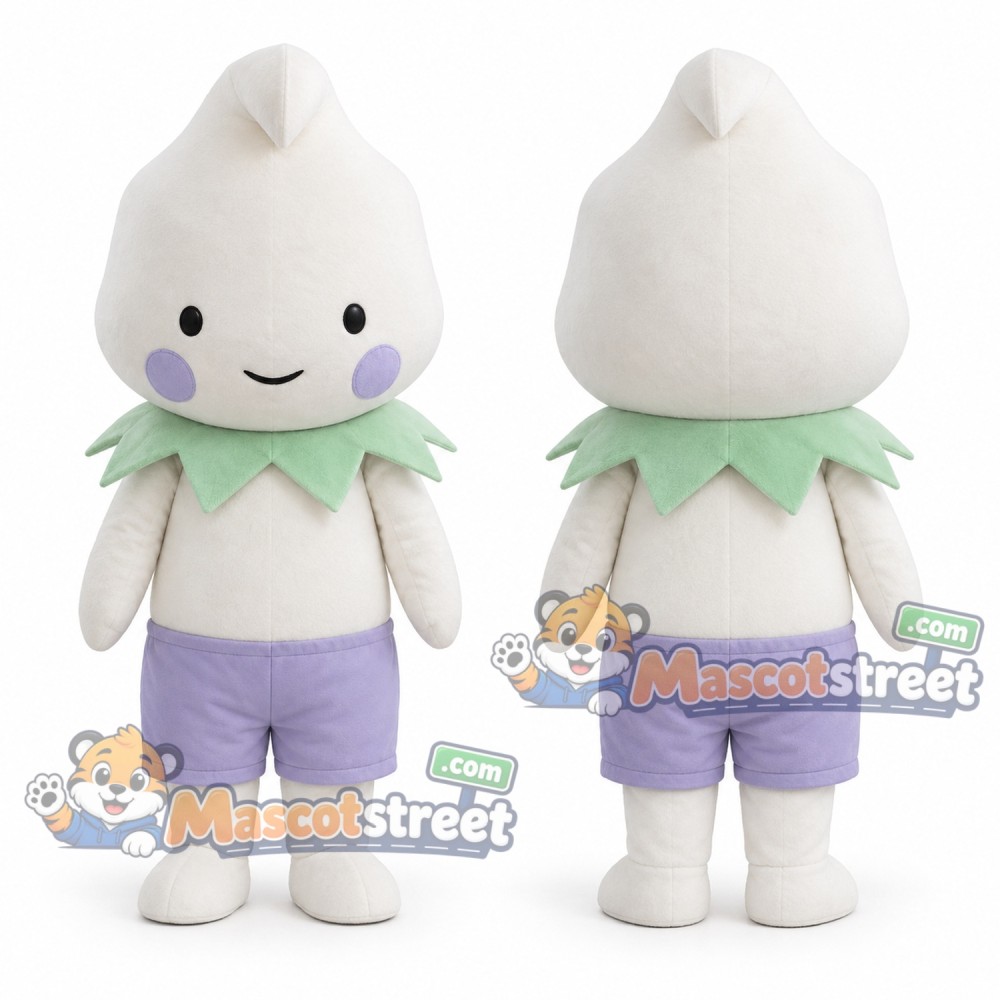 White Teardrop Character Mascot Costume with Purple Shorts and Green Collar White Teardrop Character Mascot Costume with Purple Shorts and Green Collar