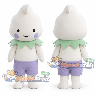 White Teardrop Character Mascot Costume with Purple Shorts and Green Collar White Teardrop Character Mascot Costume with Purple Shorts and Green Collar