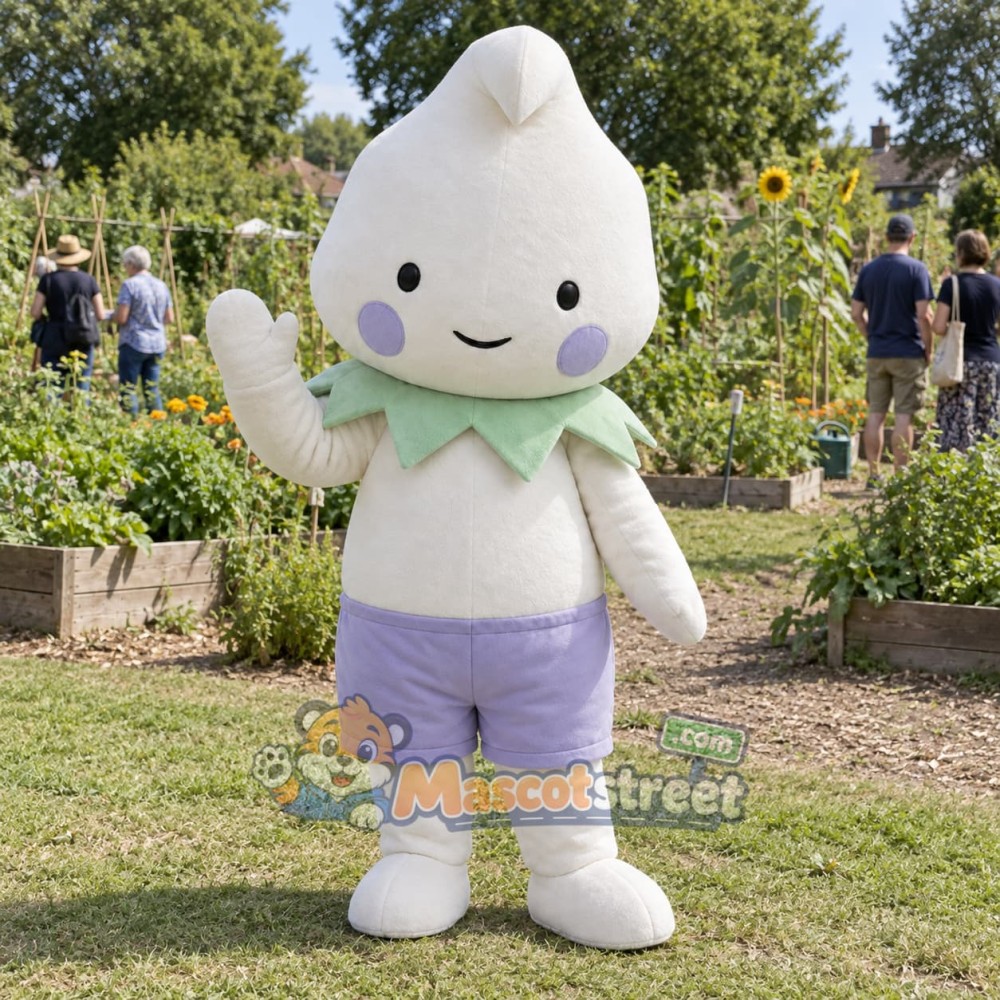 White Teardrop Character Mascot Costume with Purple Shorts and Green Collar White Teardrop Character Mascot Costume with Purple Shorts and Green Collar