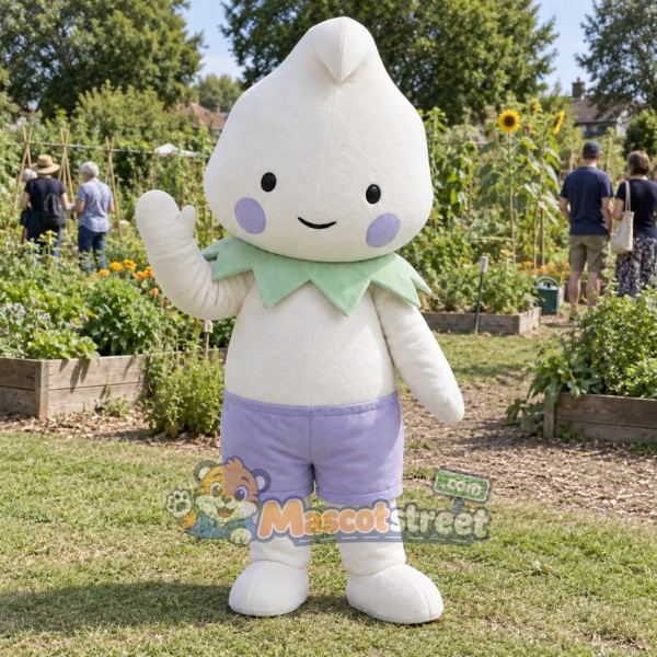 White Teardrop Character Mascot Costume with Purple Shorts and Green Collar