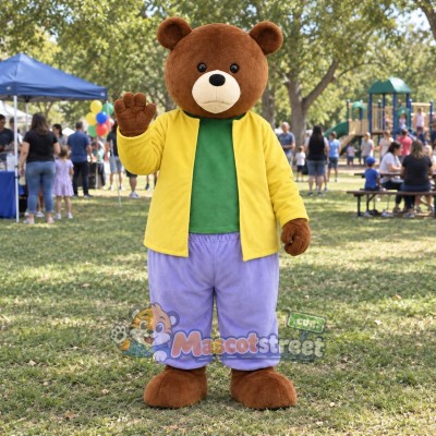 Brown Bear Mascot Costume with Yellow Jacket and Purple Pants