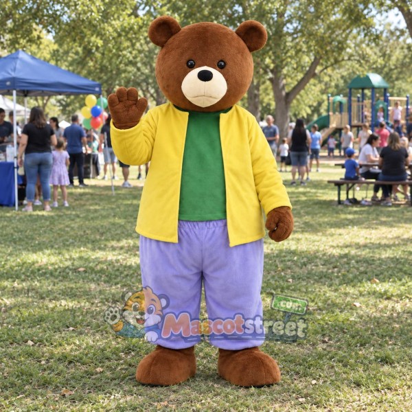 Brown Bear Mascot Costume with Yellow Jacket and Purple Pants
