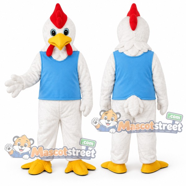White Rooster Mascot Costume with Blue Vest