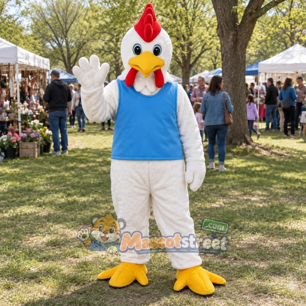 White Rooster Mascot Costume with Blue Vest White Rooster Mascot Costume with Blue Vest