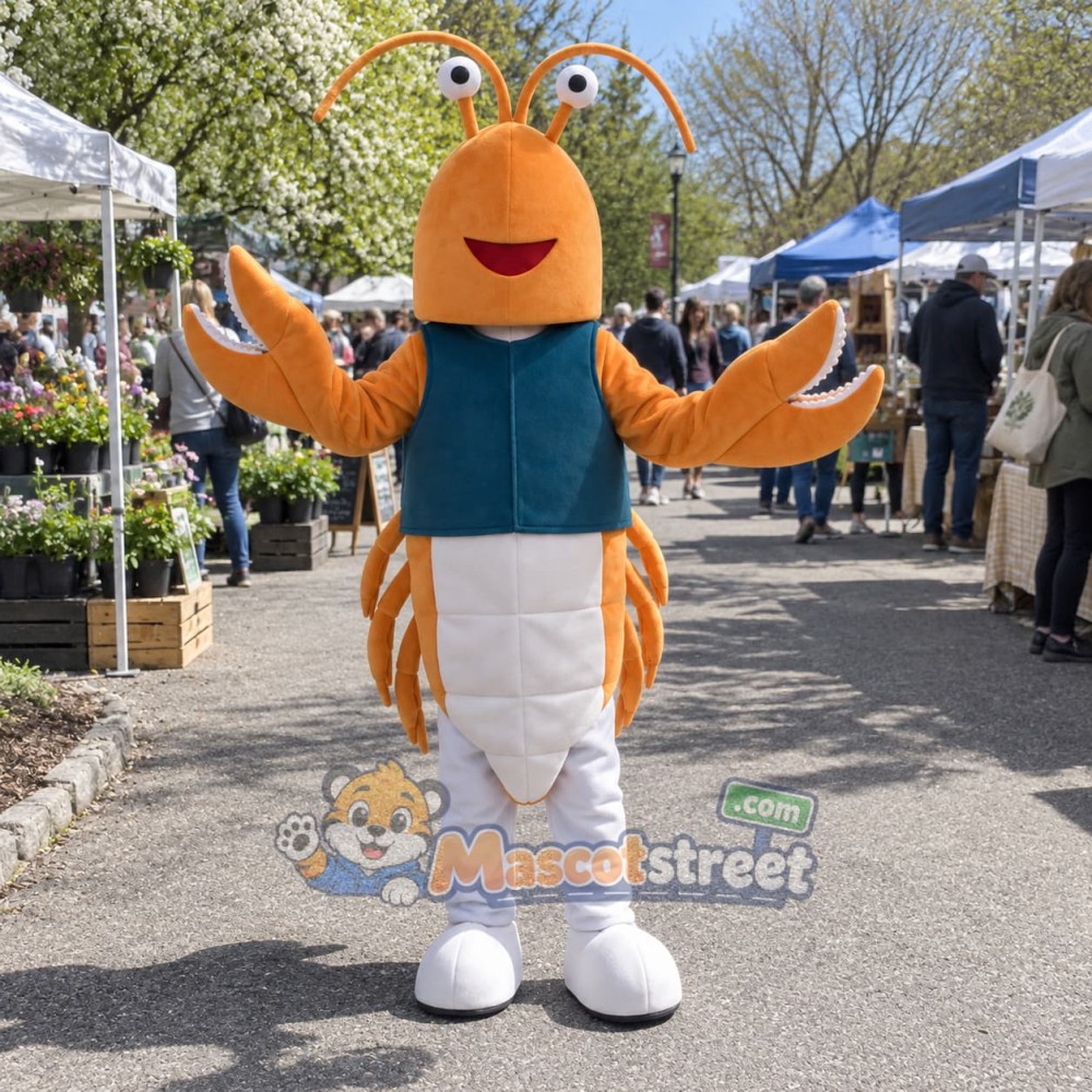 Orange Lobster Mascot Costume with Teal Shirt and White Pants Orange Lobster Mascot Costume with Teal Shirt and White Pants
