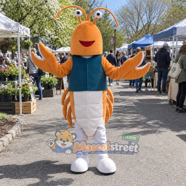 Orange Lobster Mascot Costume with Teal Shirt and White Pants