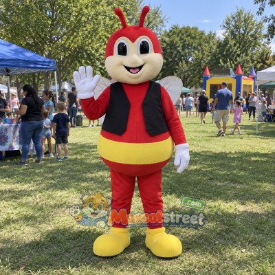 Red Bee Mascot Costume with Black Vest and Yellow Belt Red Bee Mascot Costume with Black Vest and Yellow Belt