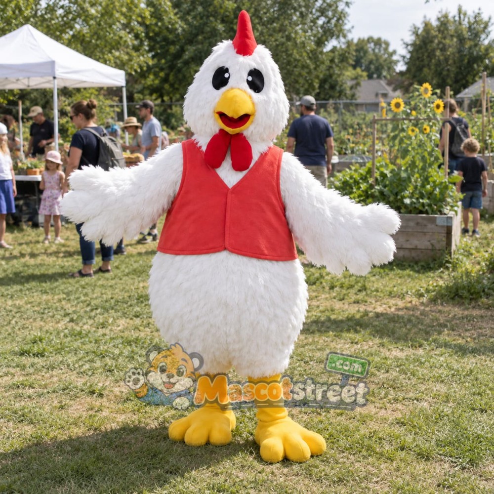 White Hen Mascot Costume with Red Vest White Hen Mascot Costume with Red Vest