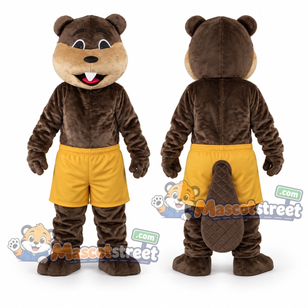 Brown Beaver Mascot Costume with Yellow Shorts