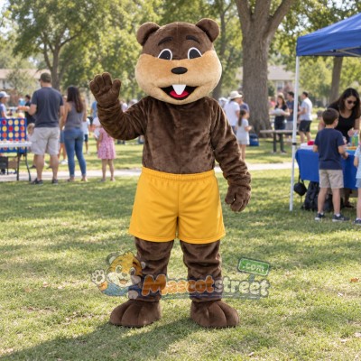 Brown Beaver Mascot Costume with Yellow Shorts