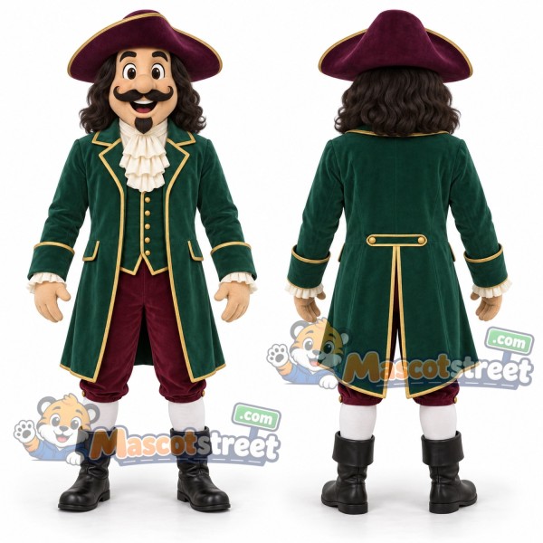 Pirate Captain Mascot Costume with Green Coat and Burgundy Hat
