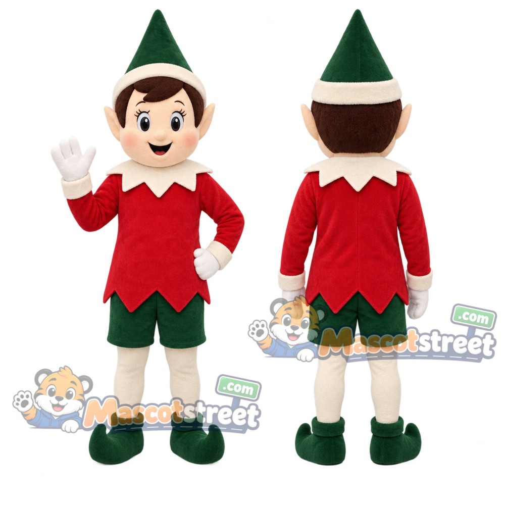 Christmas Elf Boy Mascot Costume with Red Shirt and Green Hat