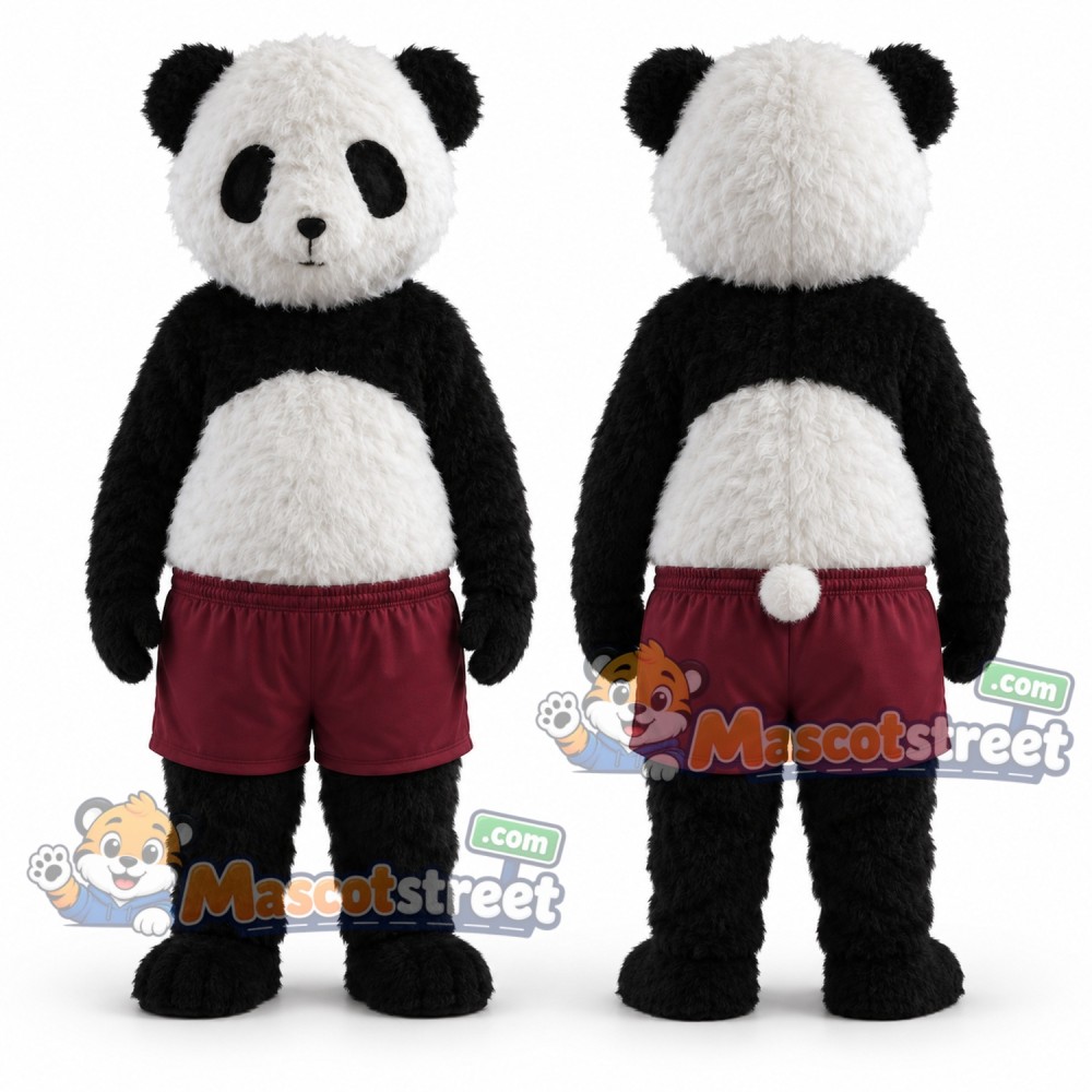 Panda Mascot Costume with Burgundy Shorts Panda Mascot Costume with Burgundy Shorts