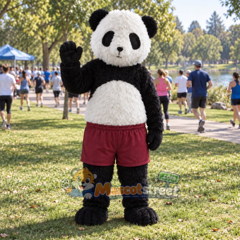 Panda Mascot Costume with Burgundy Shorts Panda Mascot Costume with Burgundy Shorts