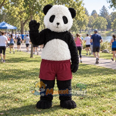 Panda Mascot Costume with Burgundy Shorts Panda Mascot Costume with Burgundy Shorts
