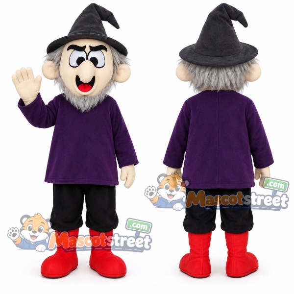 Wizard Mascot Costume with Purple Shirt and Black Pointed Hat