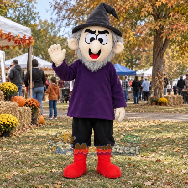 Wizard Mascot Costume with Purple Shirt and Black Pointed Hat