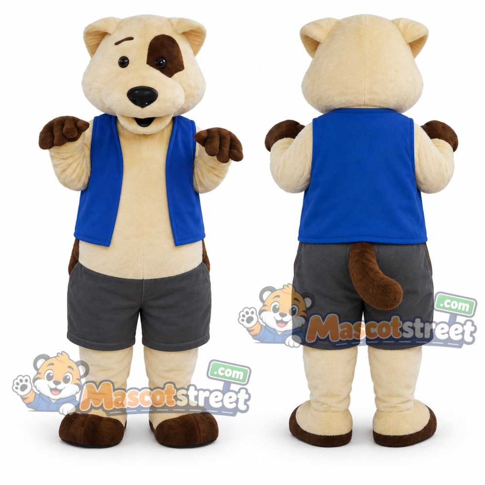 Tan Dog Mascot Costume with Blue Vest and Gray Shorts Tan Dog Mascot Costume with Blue Vest and Gray Shorts