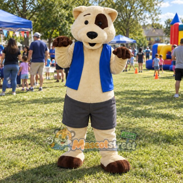 Tan Dog Mascot Costume with Blue Vest and Gray Shorts