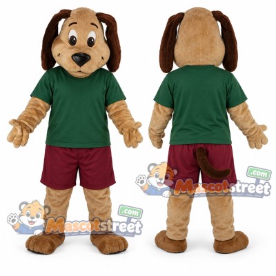 Brown Dog Mascot Costume with Green Shirt and Burgundy Shorts Brown Dog Mascot Costume with Green Shirt and Burgundy Shorts