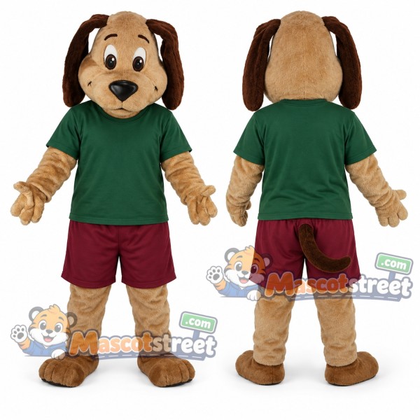 Brown Dog Mascot Costume with Green Shirt and Burgundy Shorts