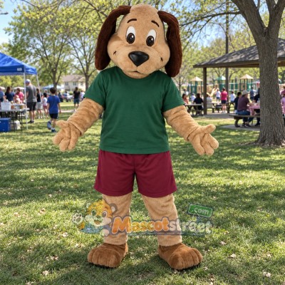 Brown Dog Mascot Costume with Green Shirt and Burgundy Shorts Brown Dog Mascot Costume with Green Shirt and Burgundy Shorts
