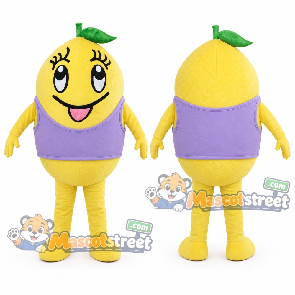 Yellow Lemon Mascot Costume with Purple Shirt