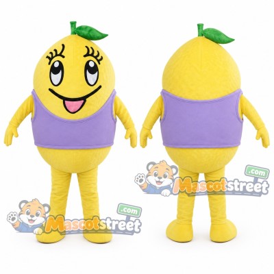 Yellow Lemon Mascot Costume with Purple Shirt
