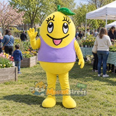 Yellow Lemon Mascot Costume with Purple Shirt